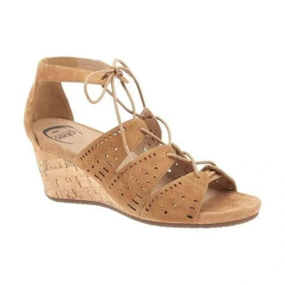 Abeo Lilia Tan Suede Cork Wedge Sandal Beige Brown Open Toe Strappy Tie Sz 6